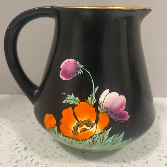 Vintage FALCON WARE "The Dell" Floral Art Deco Pitcher Black Green Hand Painted - Picture 8 of 16